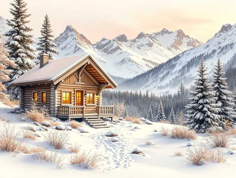 雪山脚下的小木屋